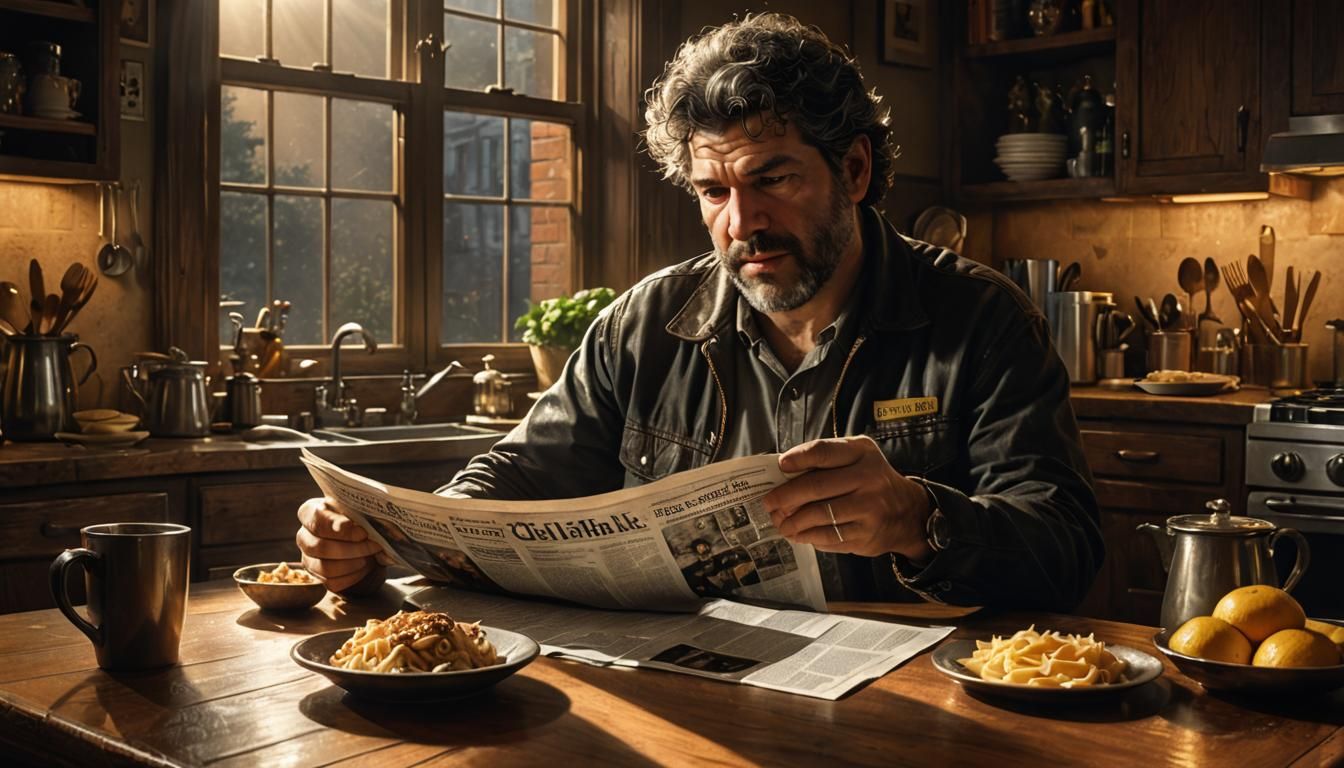 Hyperrealistic Man Reading Newspaper in Dimly Lit Kitchen
