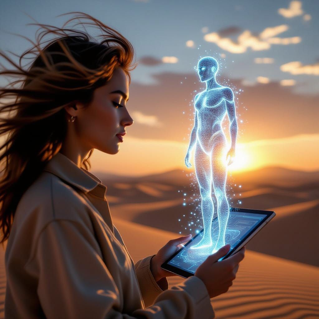 Futuristic Desert Scene: Person Holds Tablet with Hologram