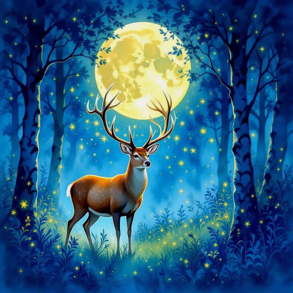 Bioluminescent Deer in Dreamlike Forest: Watercolor Art