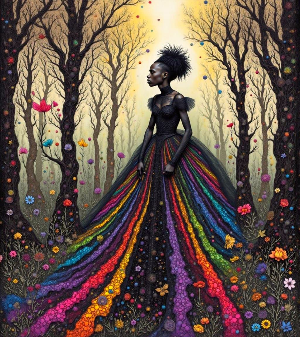 Gothic Punk Man in Geometric Rainbow Dress