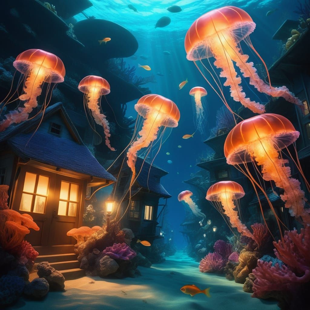 Glowing Underwater Neighborhood in Bioluminescent Art Style
