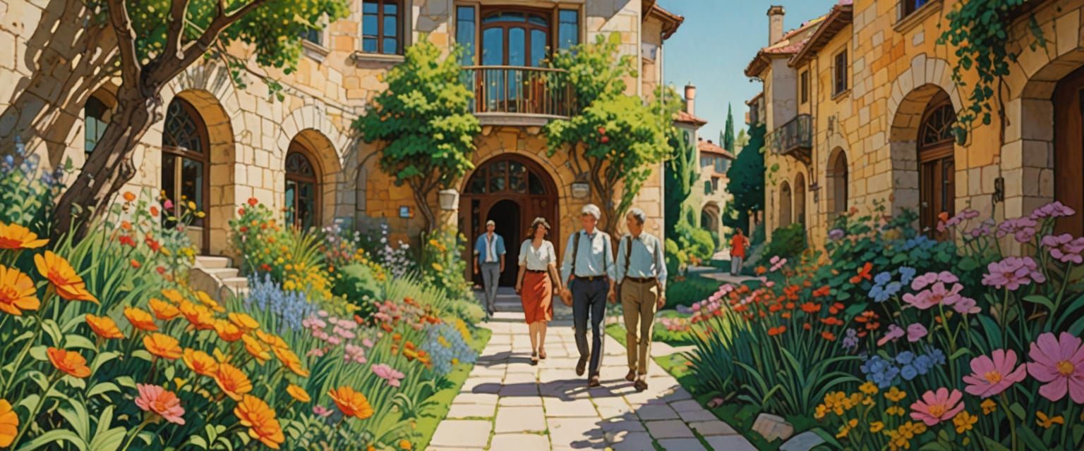 Whimsical Commune in Comic Book Style with Lush Greenery