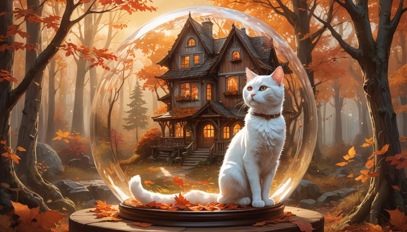 Whimsical Cat and Autumn Forest in Glass Sphere