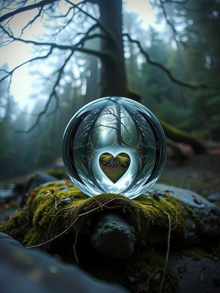 Autumn Forest Reflected in a Lensball with Heart-Shaped Tree...