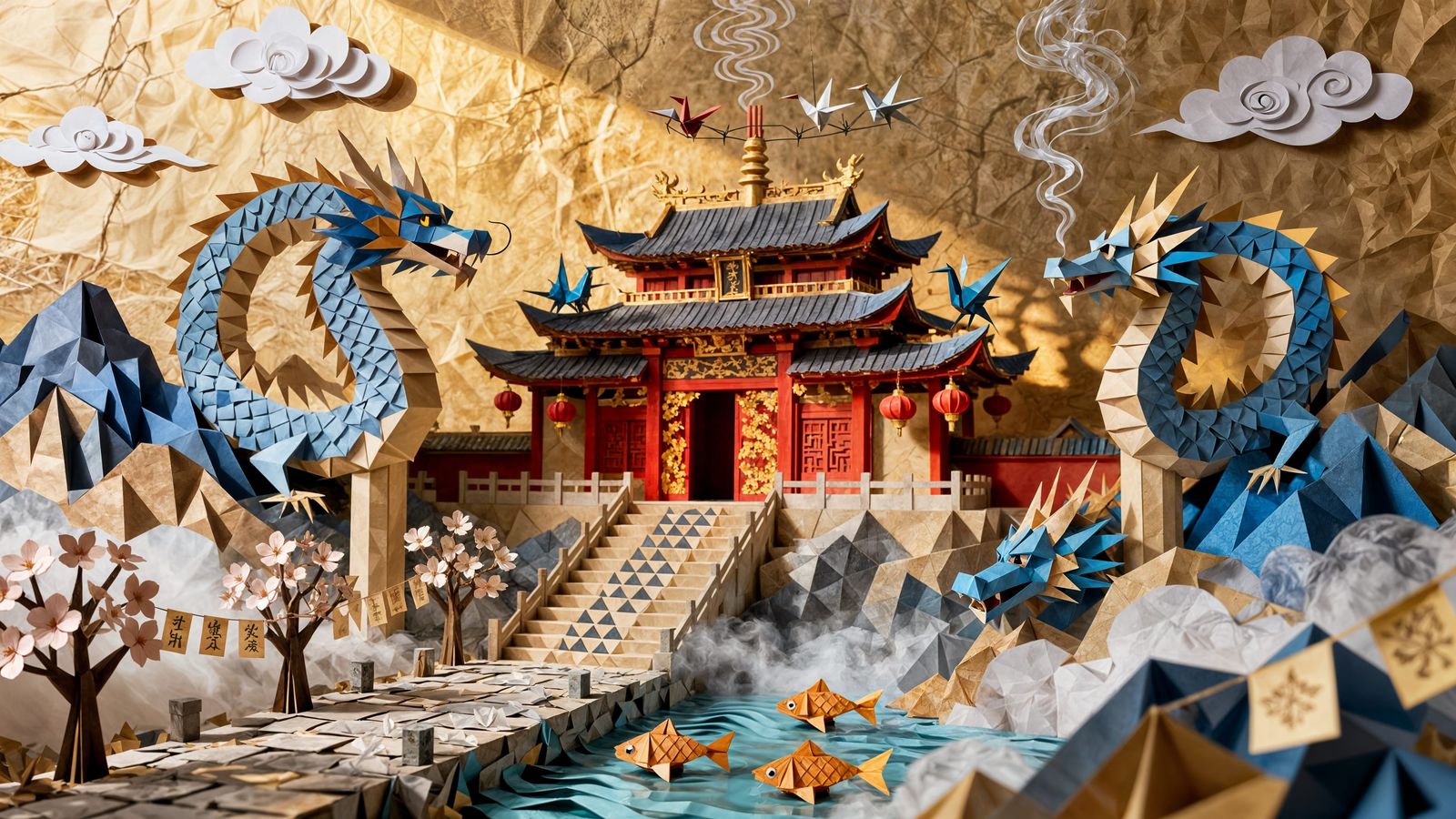 Origami Temple and Dragons on Paper Mountains
