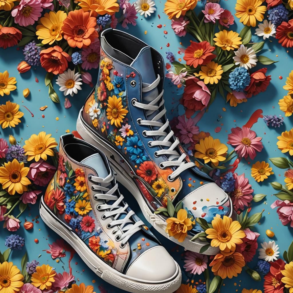 Hyperrealistic Flowers in Shoes Splash Art