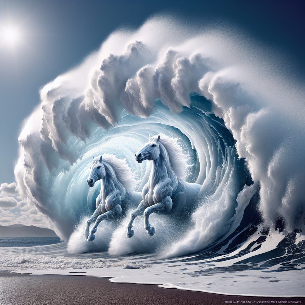 Majestic Sea Horses Emerge from Ocean Wave