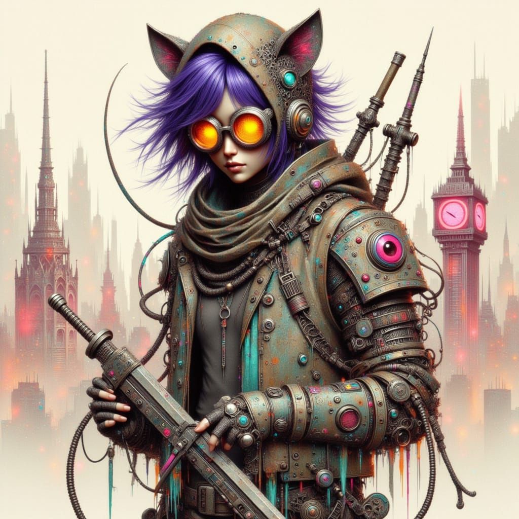 Cyberpunk Knight in Retro-Tech Urban Landscape