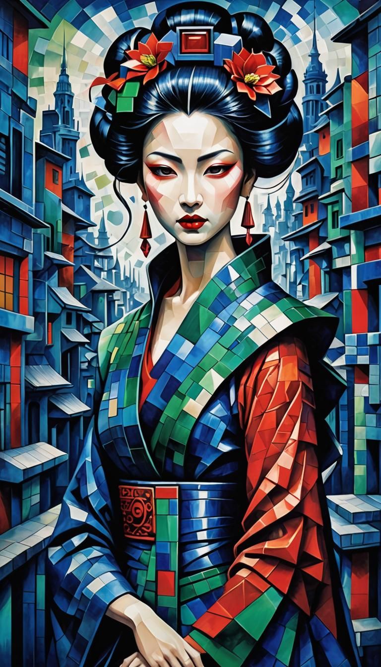 Cubist Geisha in Emerald and Ruby Cityscape
