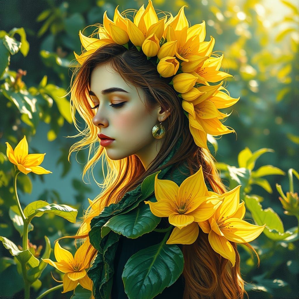 Girl Transforms into Vibrant Plant in Oil Painting