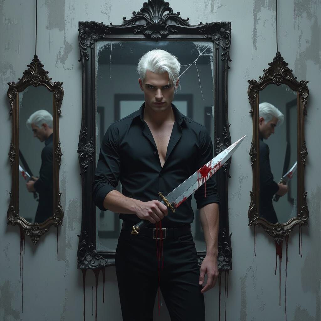 Man with Bloody Blade in Dark, Antique Room