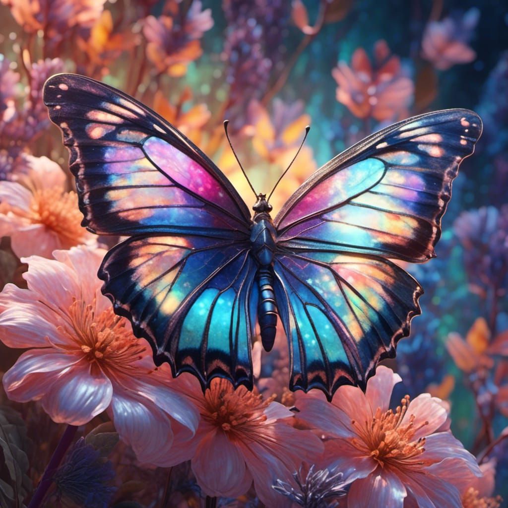Iridescent Butterfly on Blooming Flower in Hyperrealism