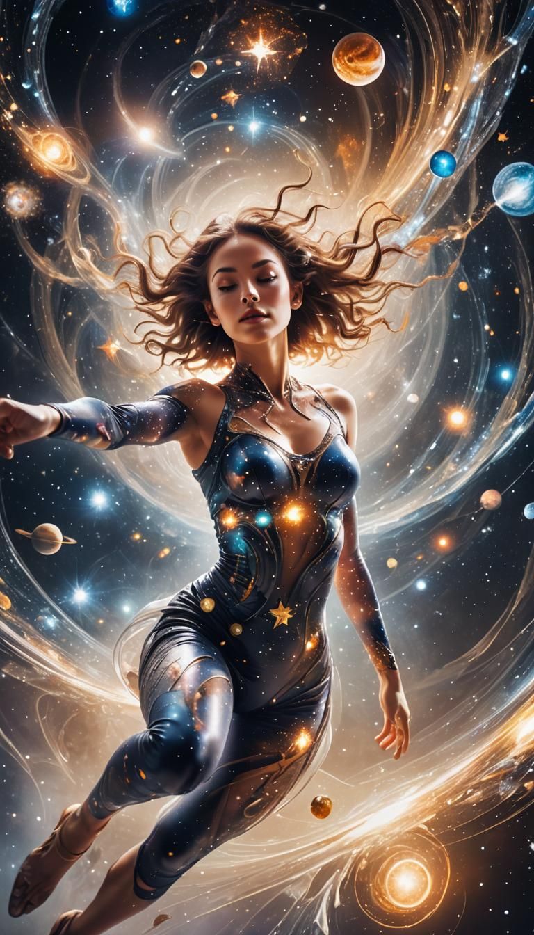 Girl Soars Through Celestial Realm in Vibrant Pop-Art Style