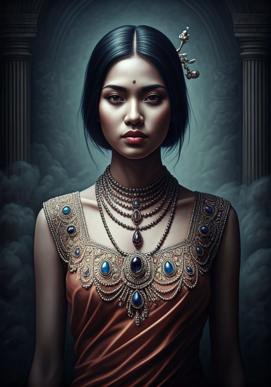 Ethereal Siamese Woman in Ancient Temple, Impressionistic Oi...