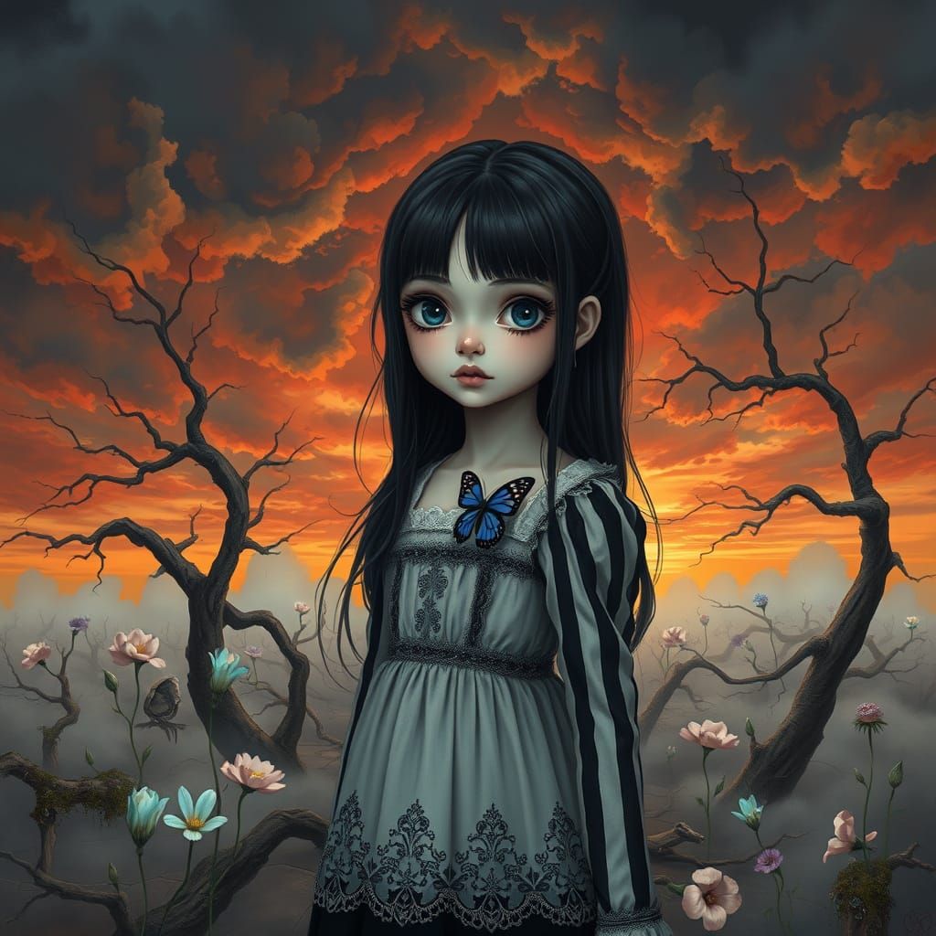 A porcelain-skinned girl with wide, glassy eyes rimmed in sm...