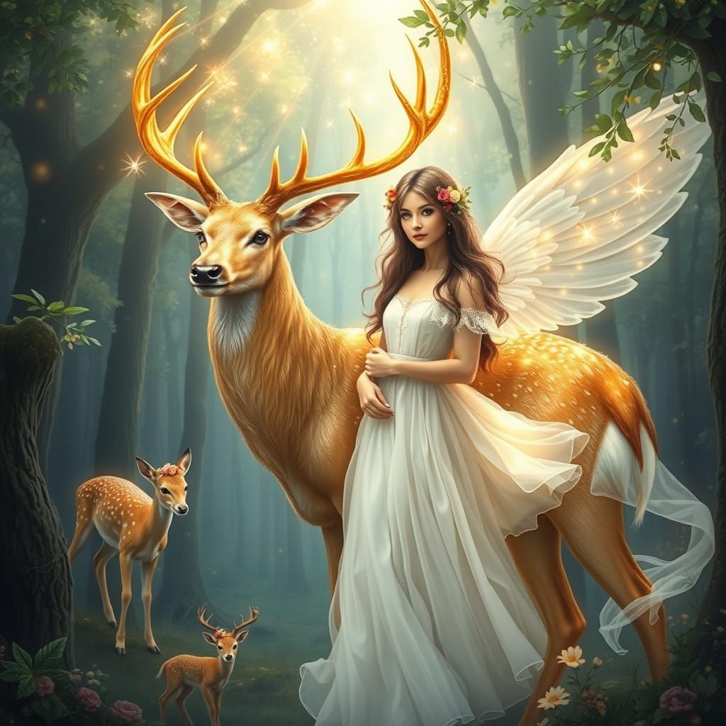 Magical Golden Deer with Woman in Forest