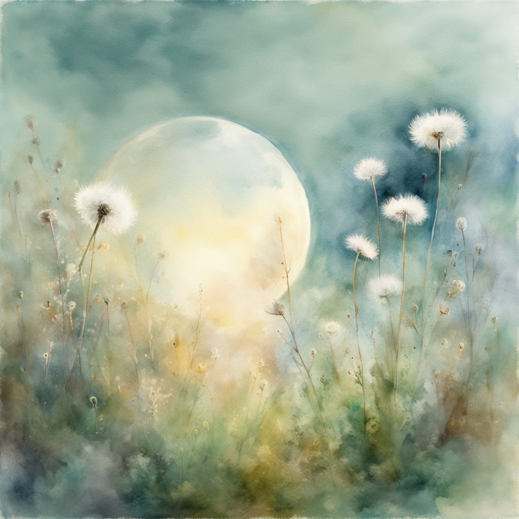 Ethereal Dandelion Drifts Toward Moonlit Mountains