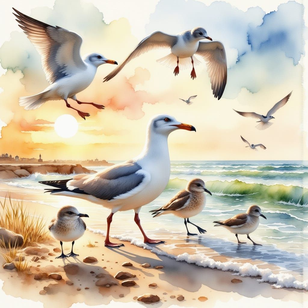 Watercolor Whimsy: Seagulls and Sandpipers Stroll Along the ...