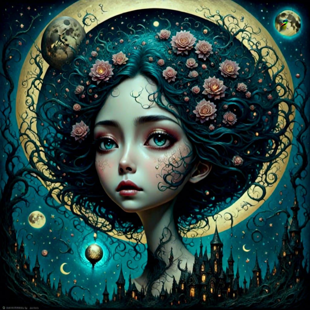 Dark Fairy Girl with Pet in Burtonesque Style