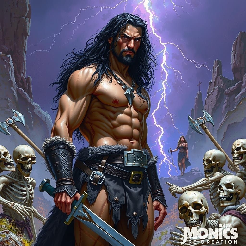 Epic Barbarian Warrior in Dark Fantasy Landscape