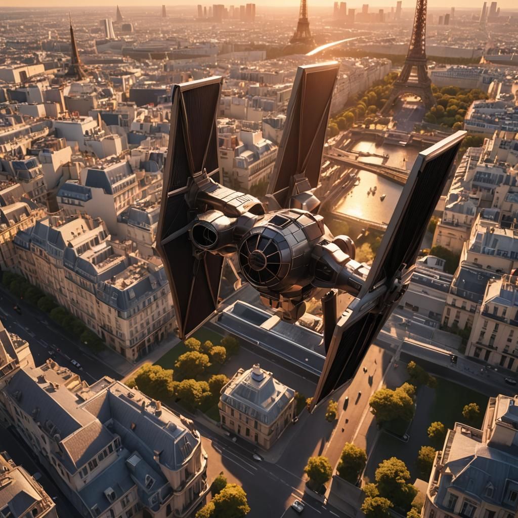 TIE Fighter Soaring Over Paris in Anime Style