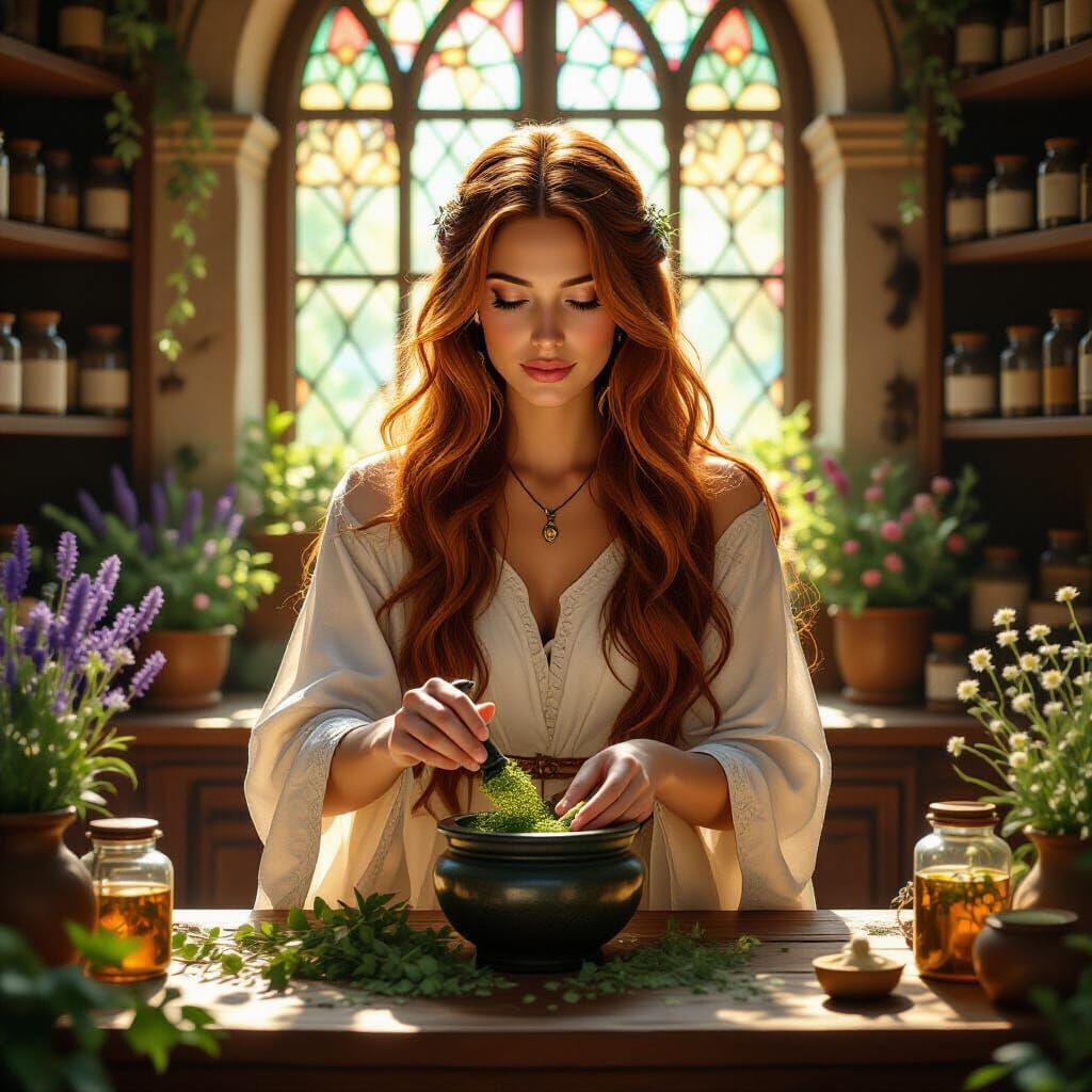 Medieval Herbalist in Apothecary with Sunlight, Historical R...