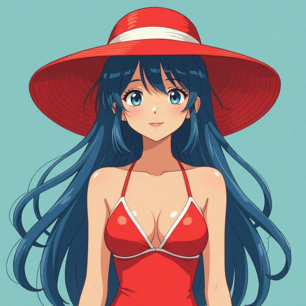 Anime Teenager in Red Swimsuit with Blue Hair