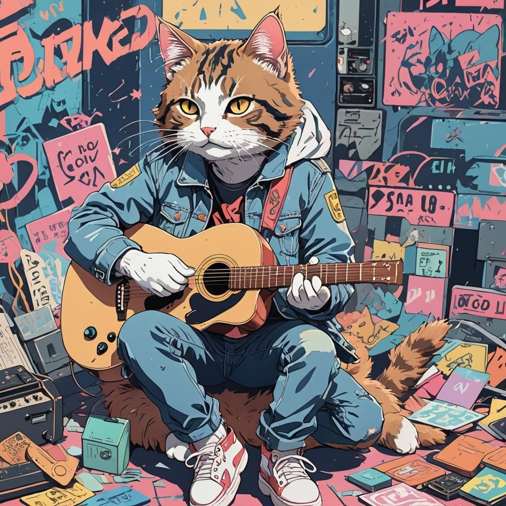 Anime Cat Guitarist in 90s Pastel Style