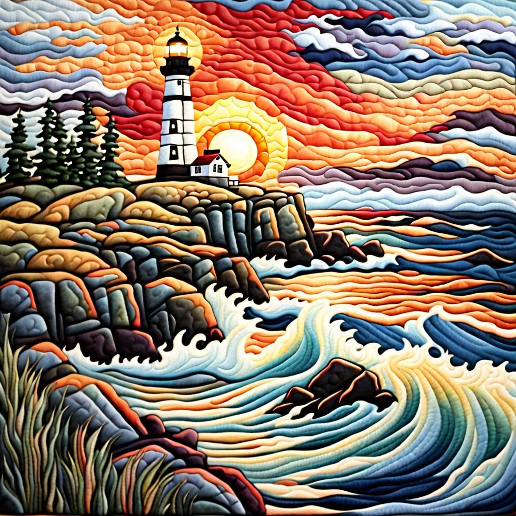 Quilted Lighthouse on Rocky Island at Sunset