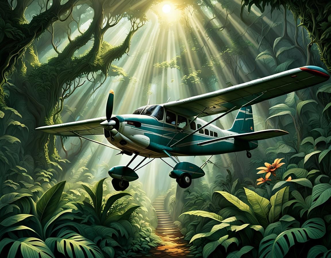Cessna Airplane Soaring Through Jungle, Comic Book Art