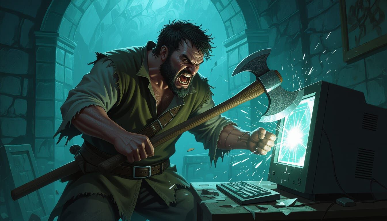 Furious Man Destroys Computer in Dark Fantasy Style