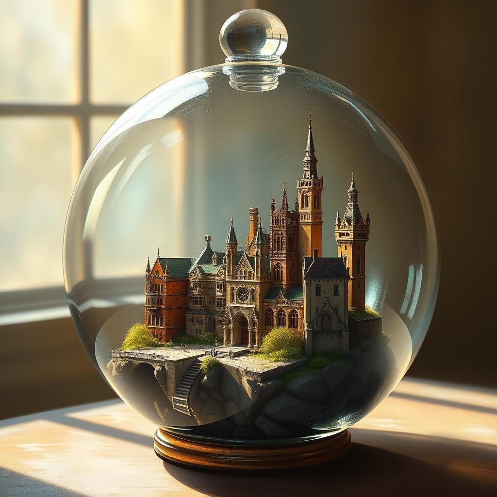 Gothic Cityscape in Glass Orb, Old Masters Style