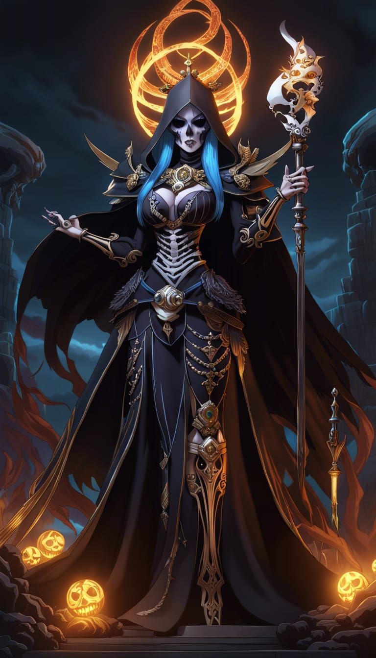 Necromancer Sorceress with Skeleton in Anime Style
