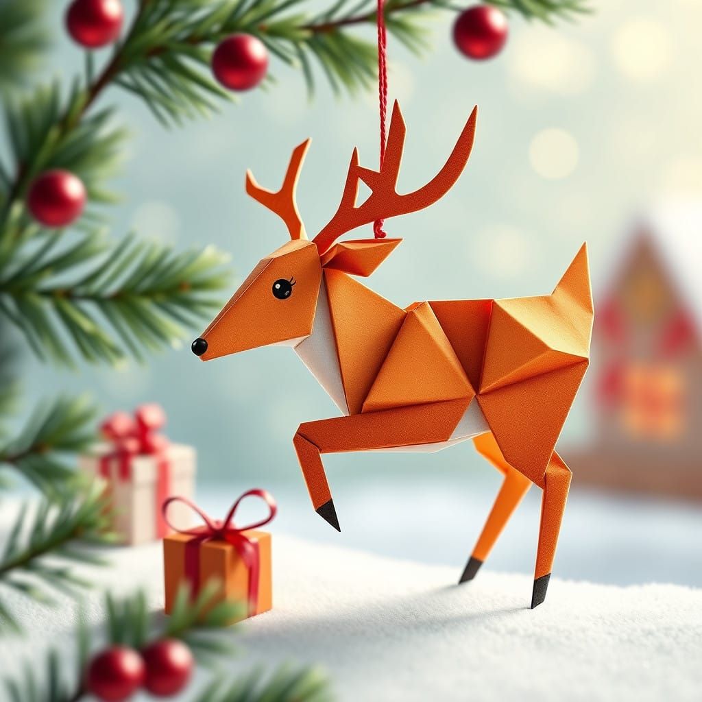 Whimsical Origami Reindeer Christmas Ornament in Gouache