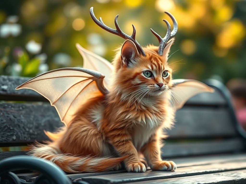 Mythical Dragon Cat Sits in Spring Garden
