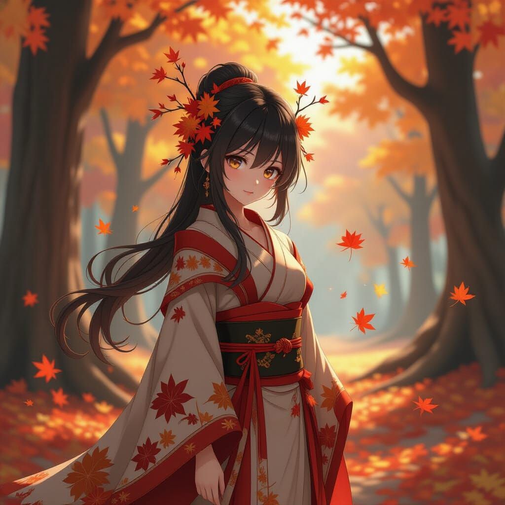 Anime Girl in Magical Autumn Forest