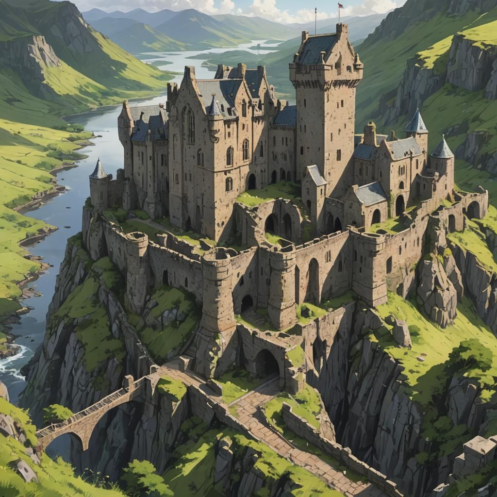 Scottish Castle Ruins in Anime Manga Style