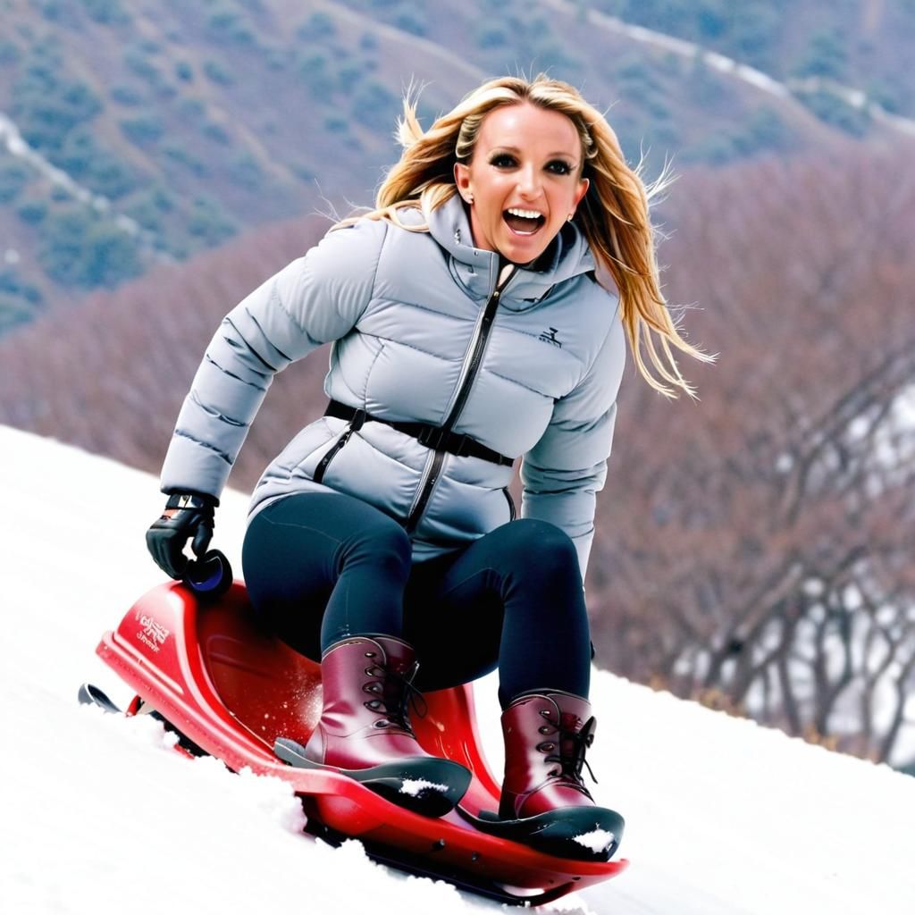 Brittany Spears Sledding Down a Snowy Hill