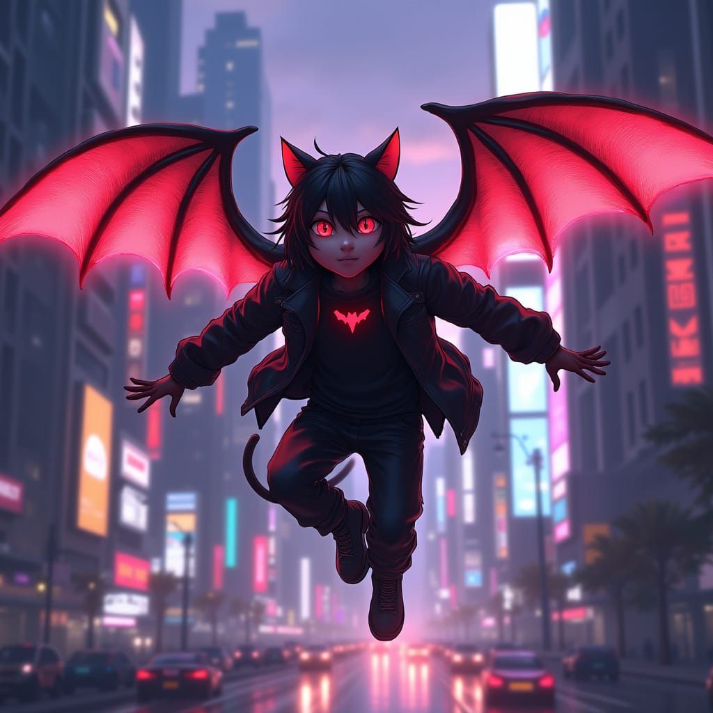 Devil Cat Flies Over Neon City in Anime Style