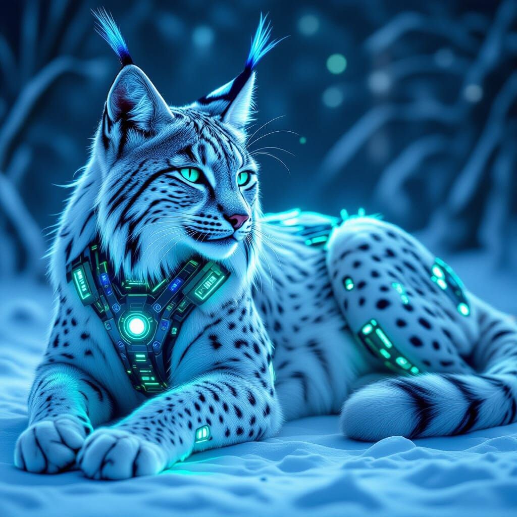 Bioluminescent Biomechanical Lynx with Ethereal Glow