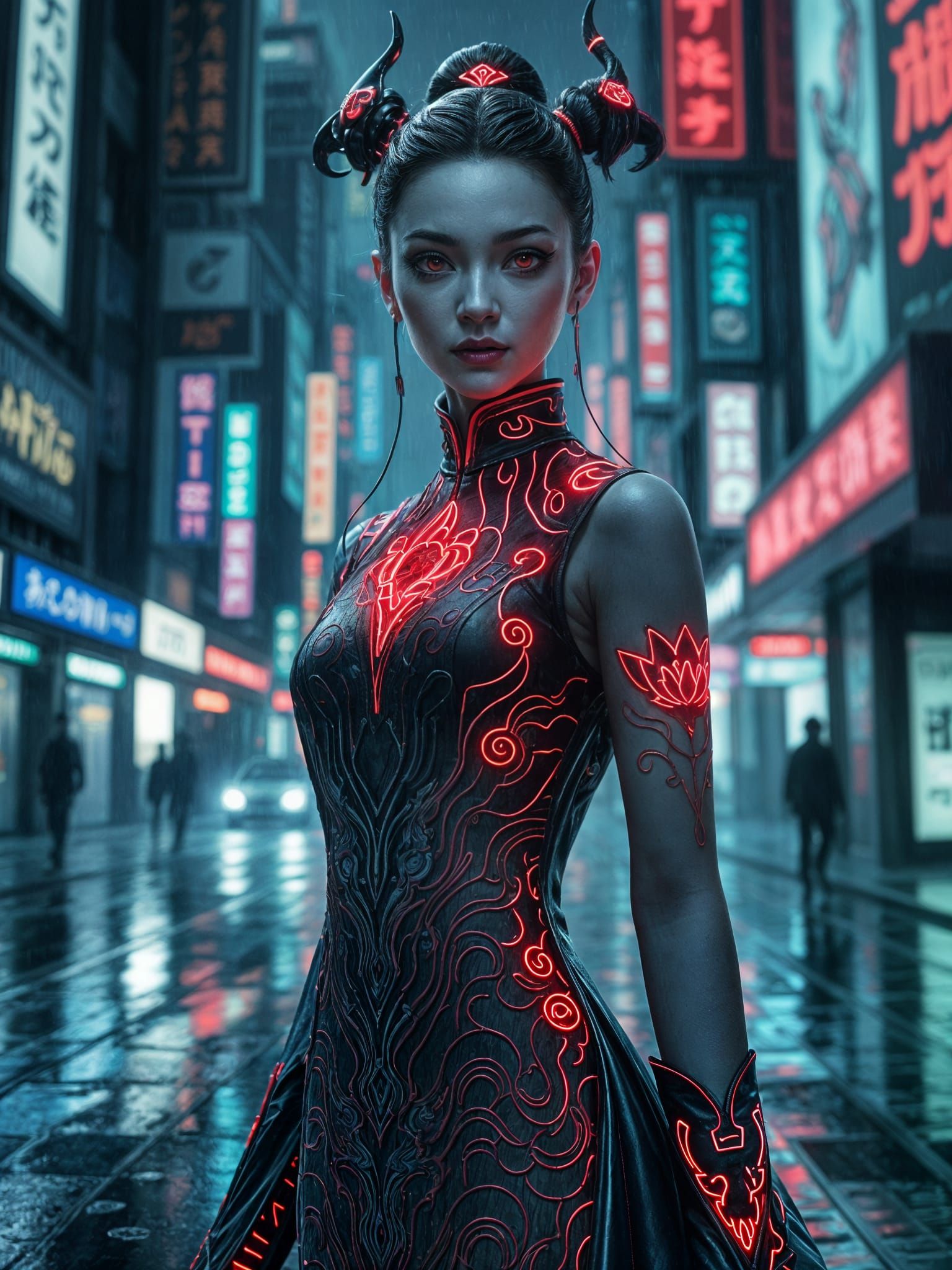 Cyberpunk Jiangshi in Rain-Slicked Cityscape
