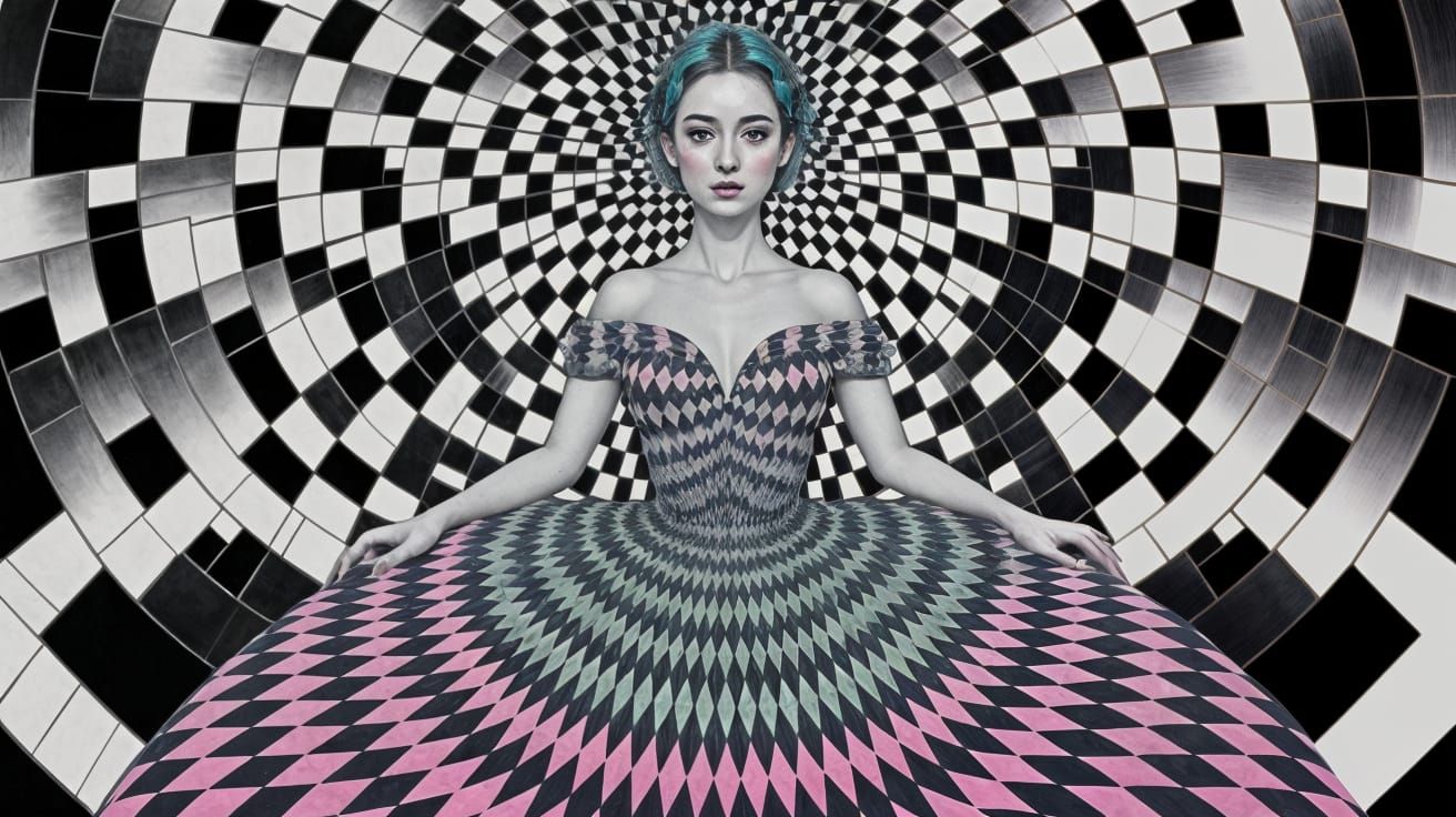 Surreal Woman in Kaleidoscopic Dress as Op Art