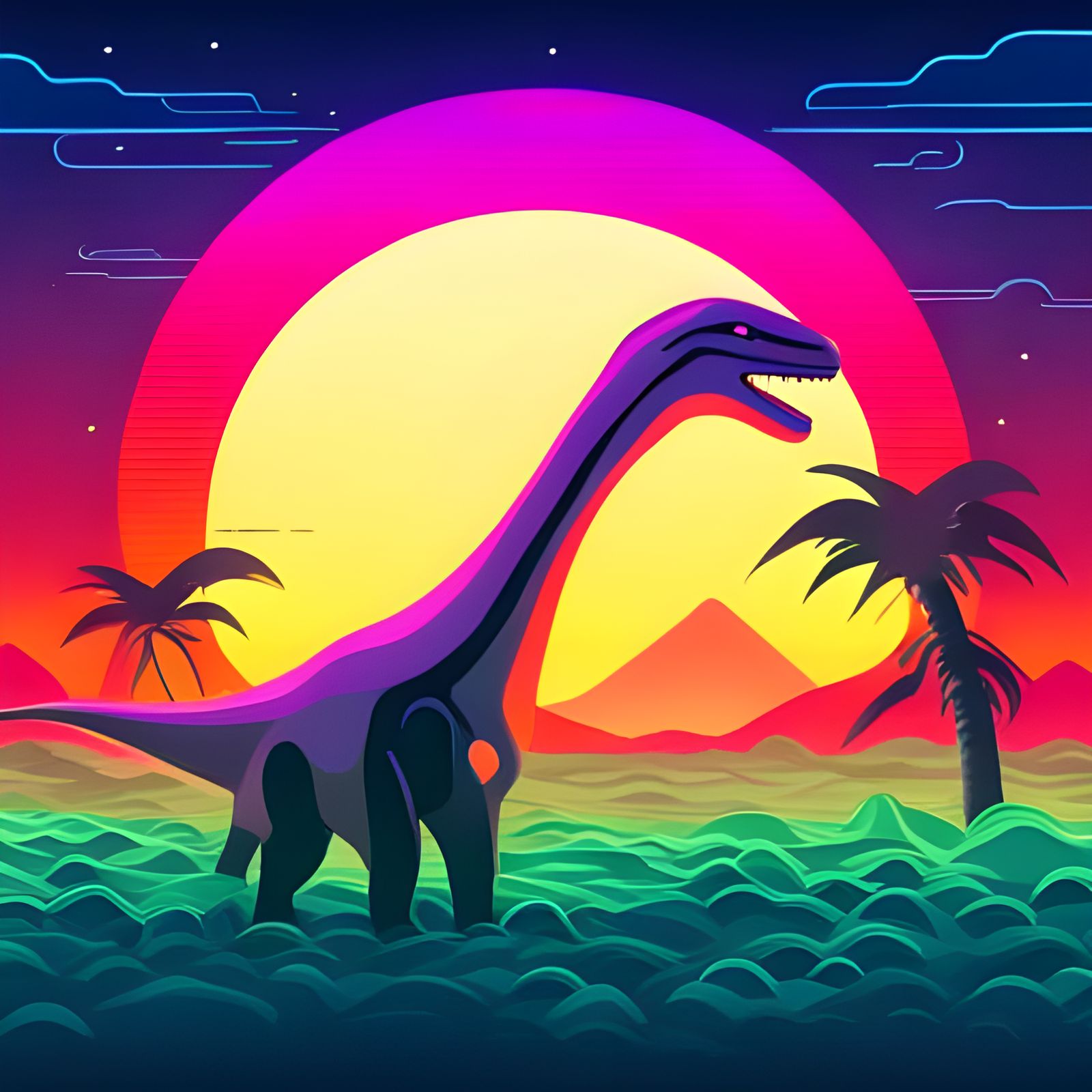 Abstract Brontosaurus in Neon Synthwave Style