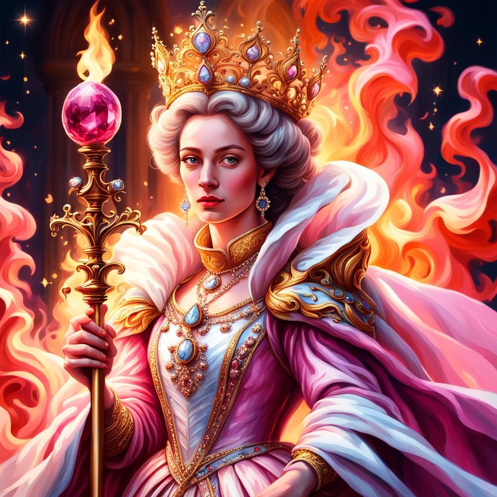 Regal Queen with Flaming Scepter in Baroque Style