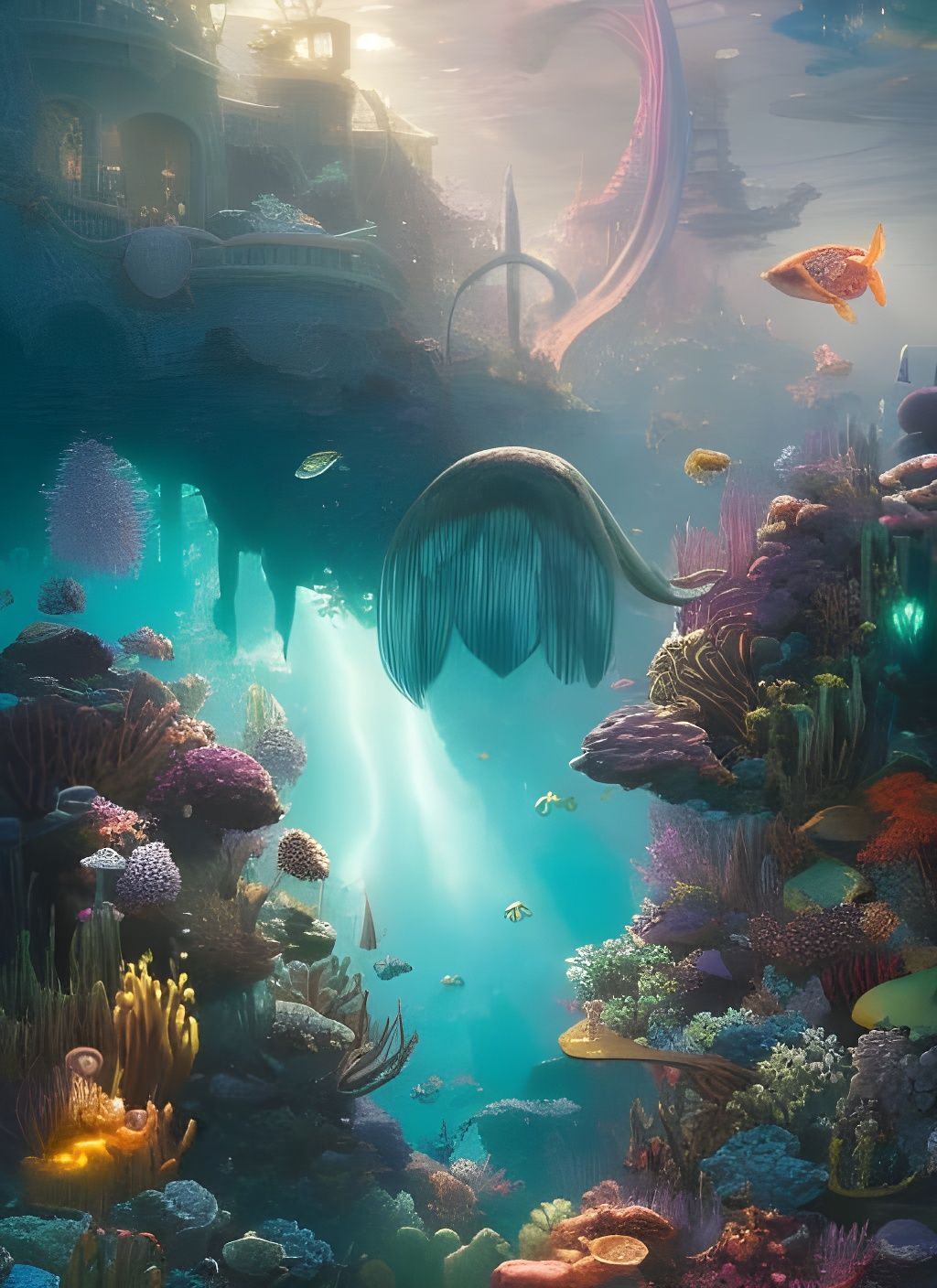 Bioluminescent Mermaid Garden in Deep-Sea Paradise