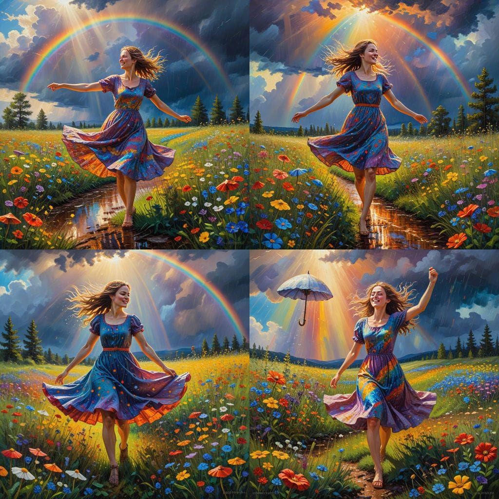 Gleeful Woman in Whimsical Rainy Meadow
