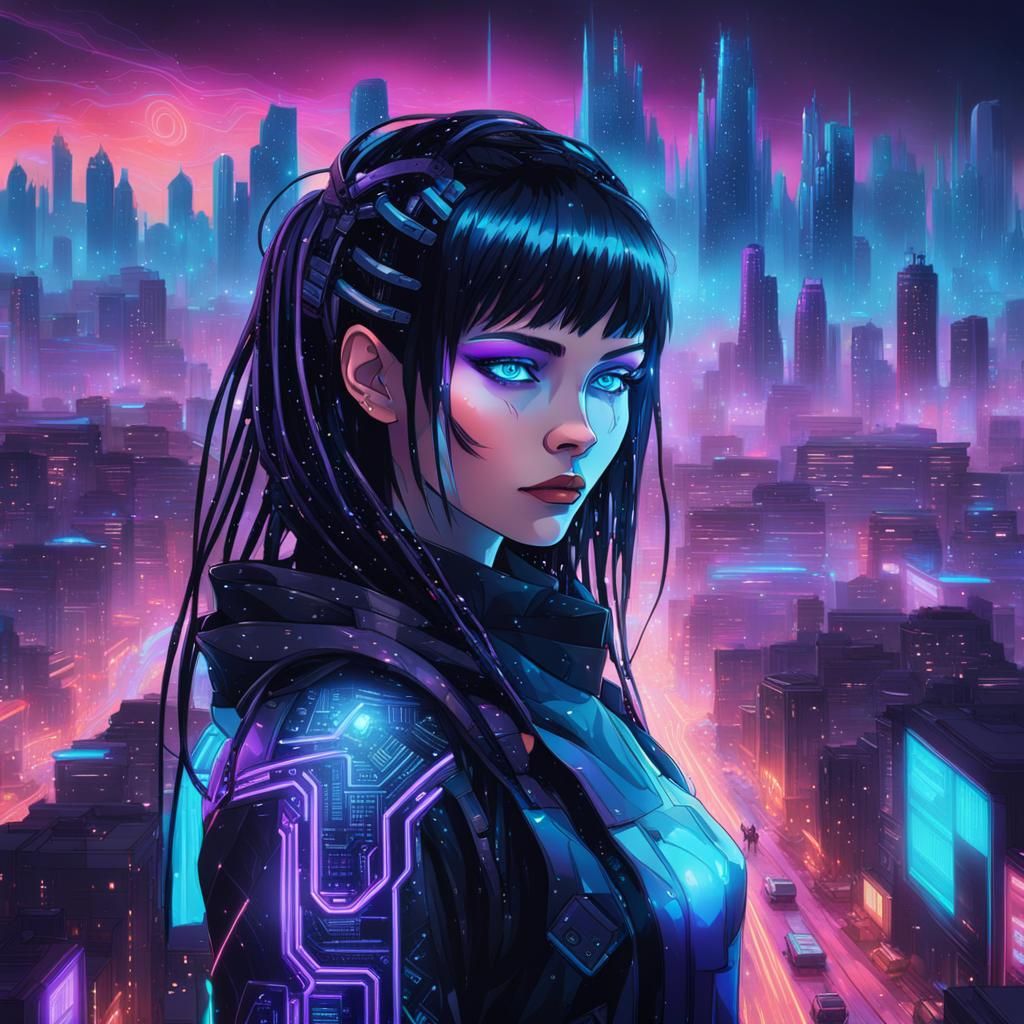 Surreal Cyberpunk Goddess in Neon Hues and Glowing Circuits