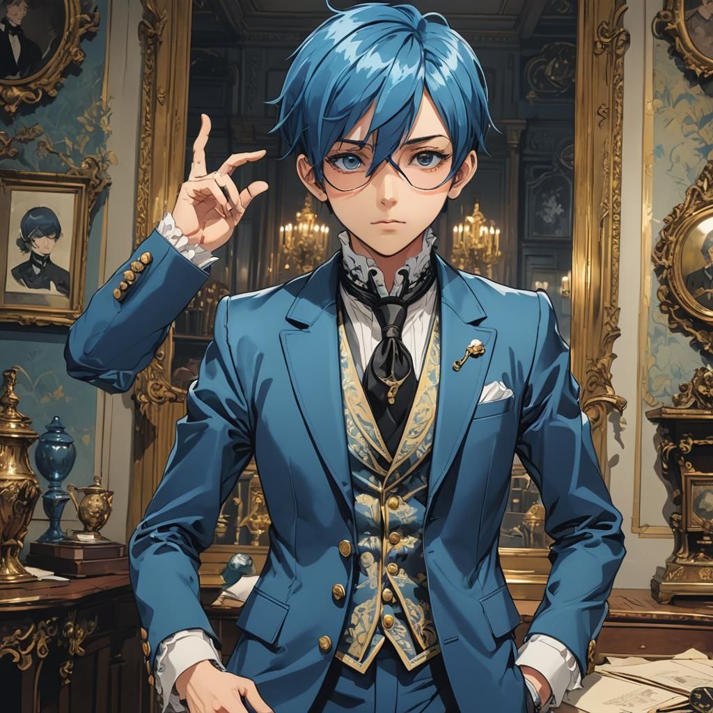 Anime Boy with Blue Hair in Victorian Suit