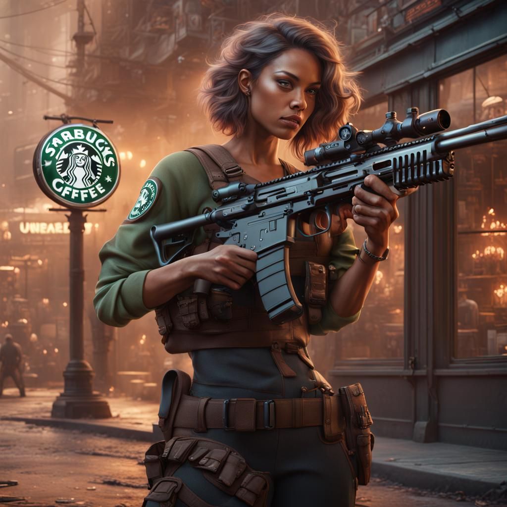 Woman with Machine Gun in Front of Starbucks