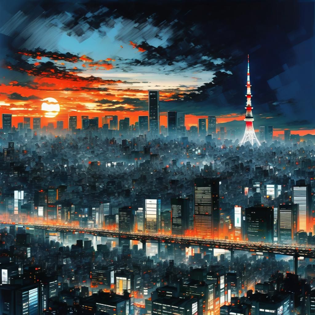 Midnight Tokyo Cityscape Digital Oil Painting